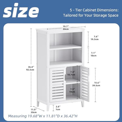 HITNET Bathroom Floor Storage Cabinet, Bamboo Freestanding Kitchen Organizer Rack with Double Doors and 2 Removable Shelves, White