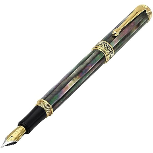Xezo Maestro Fountain Pen, Fine Nib. Handcrafted from Oceanic Tahitian Black Mother of Pearl. 18-Karat Gold Plated. Serialized, Iridescent, No Two Alike