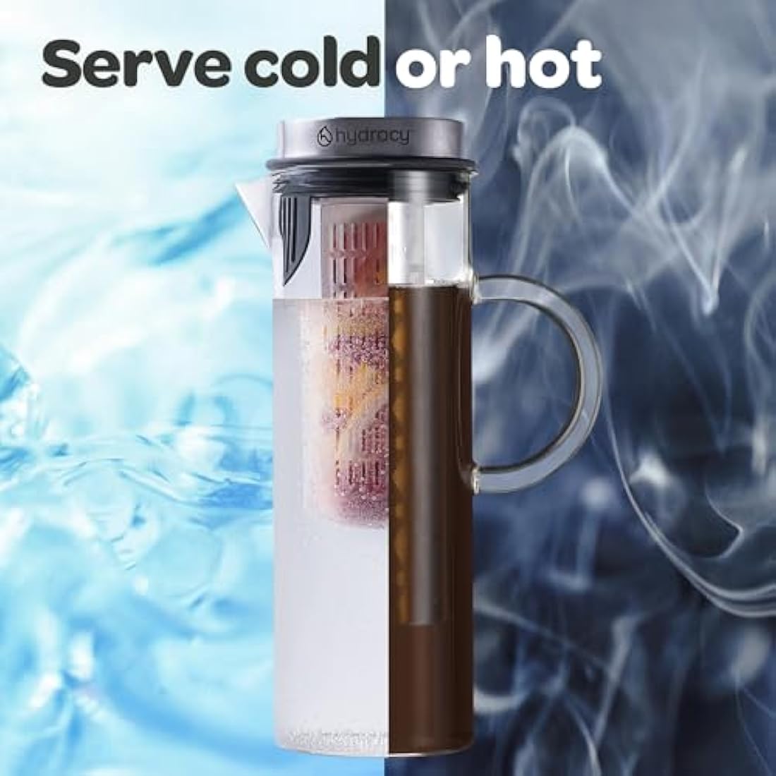 Hydracy Glass Infusion Carafe 1.5L with Handle- Cafetières Hot Coffee Server - Iced Coffee & Iced Tea Jug with Stainless Steel Lid and Filter - Extra Fruit Infusion Tube - Dishwasher Safe Pitcher