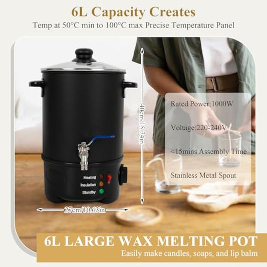 6L Wax Melter for Candle Making, Electric Wax Melting Container with Heat Resistant Handle & Stainless Spout & Temperature Controller for Soy Wax Soap Base Candle Making Supplies for Home - UK Plug
