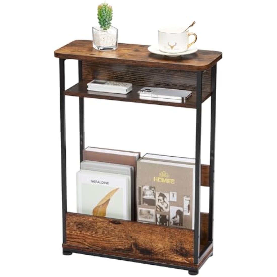 YEAKOO Narrow Side Table for Narrow and Small Spaces, Skinny Bedside Table Small Nightstand with Magazine Rack Space Saving (Rustic Brown, M)