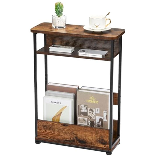 YEAKOO Narrow Side Table for Narrow and Small Spaces, Skinny Bedside Table Small Nightstand with Magazine Rack Space Saving (Rustic Brown, M)