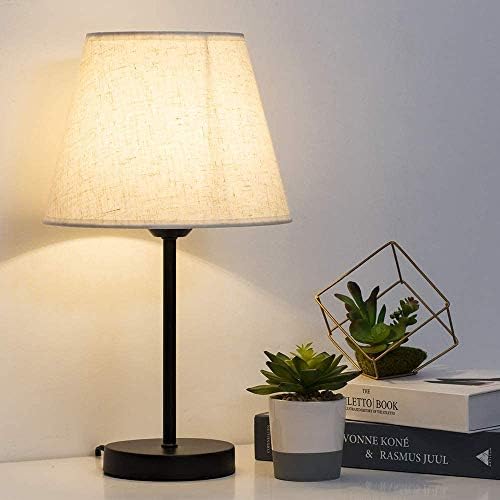 LIANTRAL Modern Bedside Lamps Set of 2, Small Desk Lamp with Linen Fabric Shades & Metal Frame, Table Lamps for Bedroom, Living Room, Office - Creamy/Black