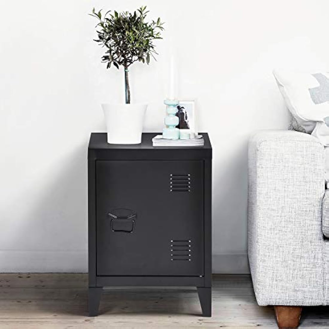Homybec Single Metal Locker Storage Cabinet 1-Door, Scandinavian Free Standing 2 Tier Shelves Bedside Nightstand Cupboard for Home Office Study Bedroom Living Room, Black