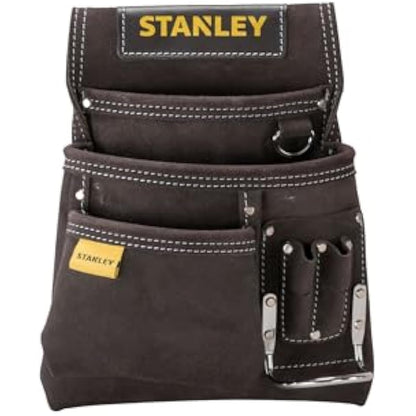 STANLEY Leather Tool Pouch, Double Pocket Storage Organiser, Hammer Loop, STST1-80114 Dark Brown One Size