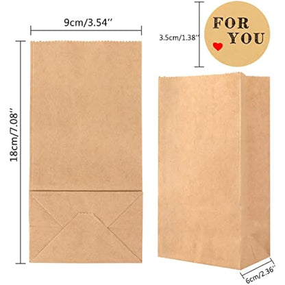 G2PLUS 50 PCS Brown Paper Bags - Small 9x6x18 CM Kraft Candy Bags with Stickers for Snack, Birthday, Wedding and Easter Xmas Party