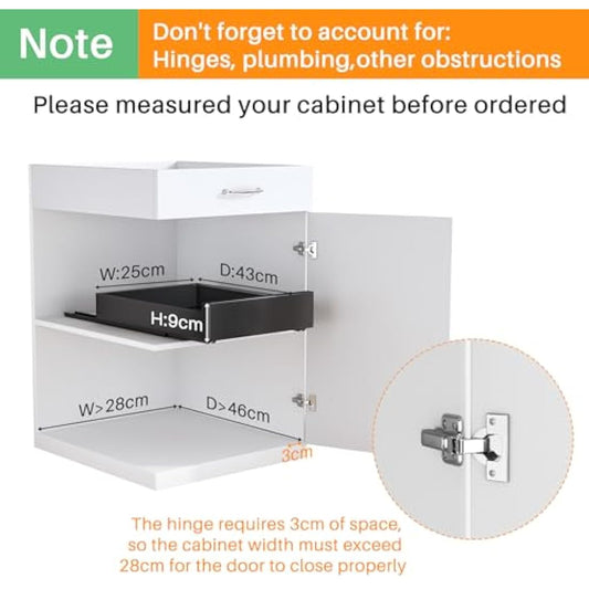 SAYZH Pull Out Cabinet Organiser, Heavy Duty Slide Out Drawer Storage Shelves for Kitchen Cupboard, Extendable Sliding Drawer(43 CM Depth x 25 CM Width x 9CM Height), No Need Drill(Black)