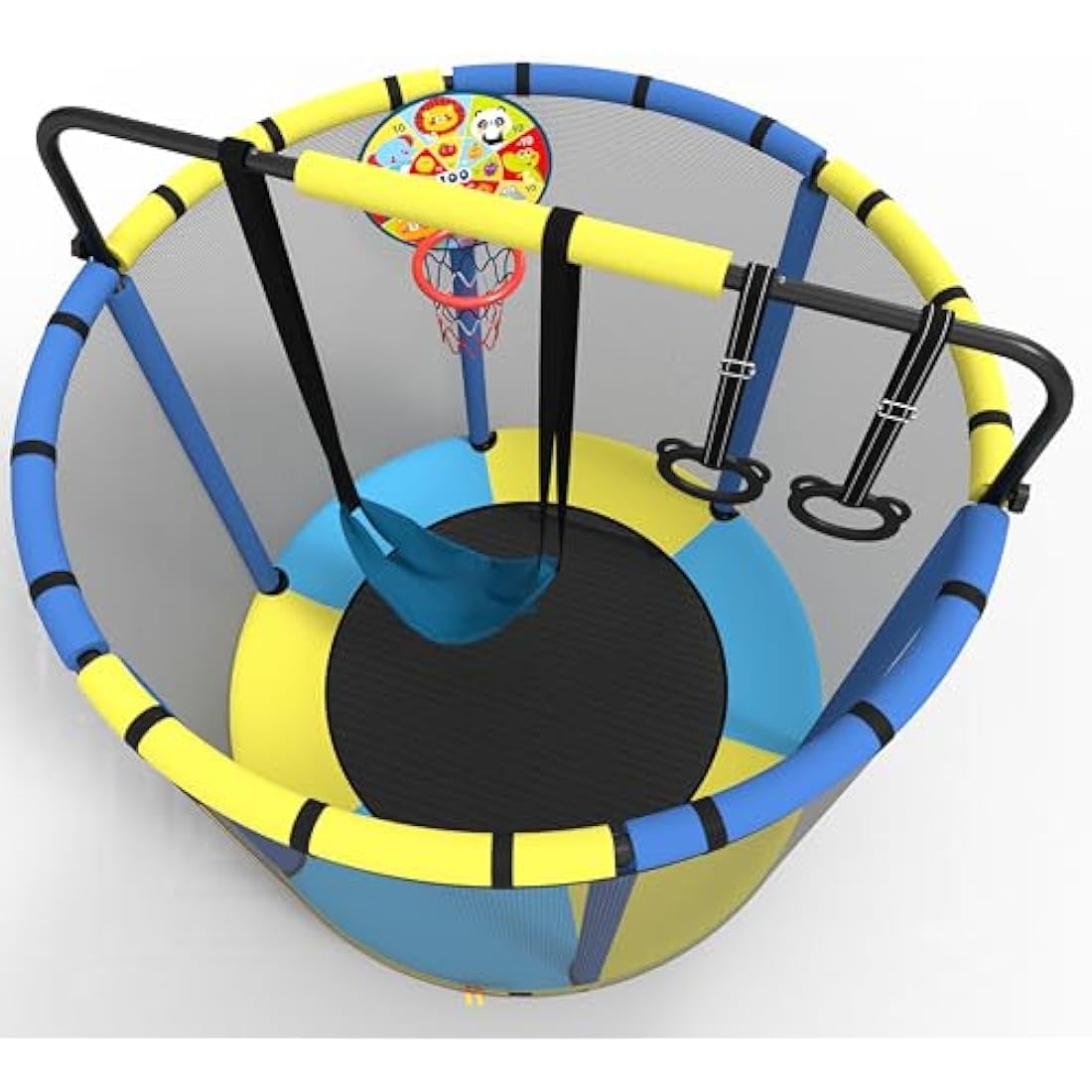 PILIN Children's Trampoline, Indoor/Outdoor Trampoline with Swings, Gymnastics Poles, Hoops, Basketball Hoop/Dart Board, 145x170 cm, Load Capacity 50kg