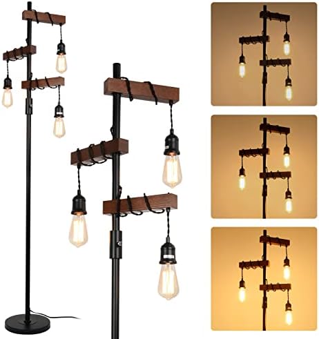 Rayofly Industrial Dimmable Floor Lamps, Farmhouse 3-Lights Wooden Standing Lamp, Vintage Tree Tall Light, E27 LED, Metal Black Brown Floor Lamp for Living Room, Bedroom, Sofa, Corner, Rustic Home
