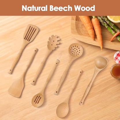 comfoyar Wooden Spoons for Cooking, 7 Pieces Kitchen Cooking Utensils Set with Spatula and Ladle, Heat Resistant Kitchen Cookware for Nonstick Pan-Beech