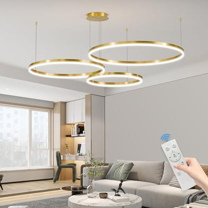 Mikeru 40+60+80cm Minimalist Pendant Lights, Dimmable 10% to 100% Gold Height Adjustable Pendant Lights with Memory Function 3000K/4500K/6500K LED Pendant Lights for Kitchen Island