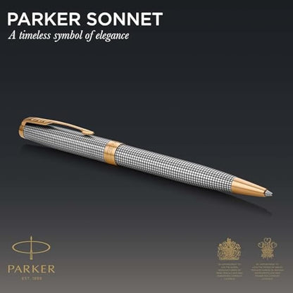 Parker Sonnet Ballpoint Pen | Chiselled Silver with Gold Trim | Medium Point Black Ink | Gift Box