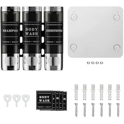 Unisense 3 Chamber Wall-Mounted Shampoo and Conditioner Dispenser for Shower - No Drill, Large Capacity, Chrome