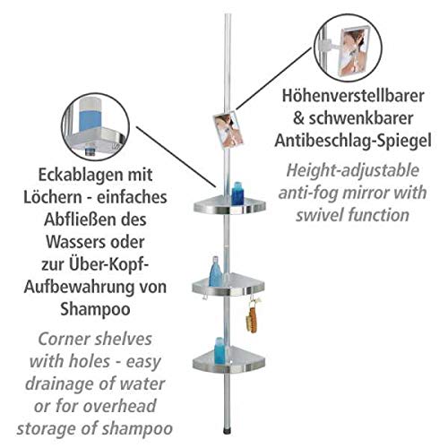 Wenko 20349100 Telescopic Shower Corner Element Premium 3 Shelves, 2 Hooks and Mirror, Metal Aluminium, 27.5 x 70260 x 20 cm, Satinised