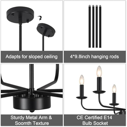 QAREHL Chandeliers Ceiling Light, 6 Arms Black Chandelier Light Pendant Light Fitting Ceilings Living Room, Rustic Bedroom Lighting Fittings, Dining Room Lights Ceiling Over Table, E14 Socket