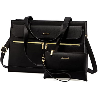 LOVEVOOK Laptop Bags for Women 15.6 Inch Ladies Work Bags Large Tote Bag with Laptop Compartment Designer Handbag Stylish PU Leather Briefcase for School Shoulder Bag for Office Business, Black