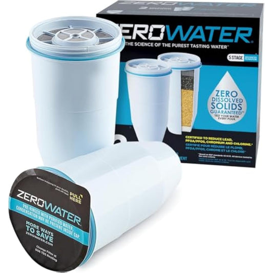 ZeroWater Replacement Water Filter Cartridges, 5 Stage Filtration System Reduces Fluoride, Chlorine, Lead and Chromium, 2 x Filter