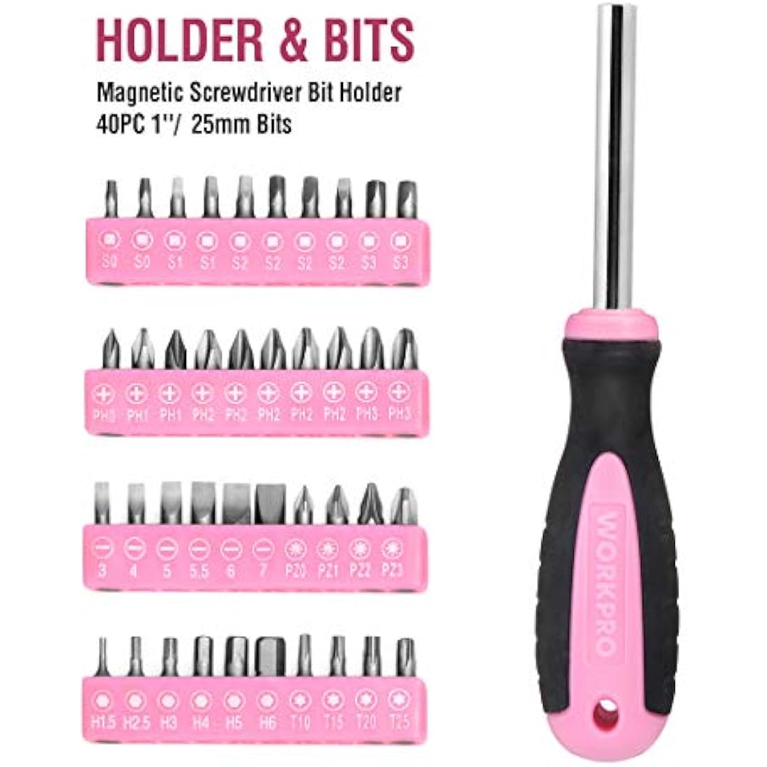 WORKPRO Pink Tool Kit 103-Piece, Pink Hand Tools Set for Home Repair, Tool Kit Portable with Hammer, Screwdriver Set, Tape Measure, Pliers, with Compact Storage Bag, New Home Gifts