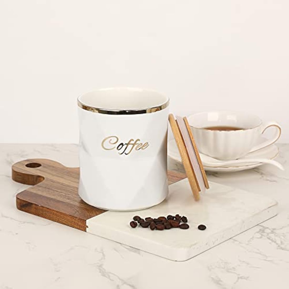 BTSKY White Ceramic Sugar Coffee Tea Canisters with Lid and Tray - Airtight Set of 3 Storage Canisters Food Storage Containers Pots Jars with Bamboo Lid for Kitchen Counter