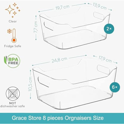 12PCS Clear Storage Box Organisers Plastic Bathroom Organiser Versatile Kitchen Organiser Tray for Desk, Makeup , Kitchen Pantry Organizers and Storage