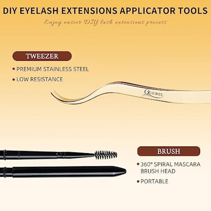 Individual Lashes 480 Cluster Lashes QUEWEL DIY Lash Extensions Kit, Eyelashes Applicator, Lash Cluster Glue Remover, Long-lasting Lash Glue and Overnightseal for Beginner to Apply(Mega D MIX)