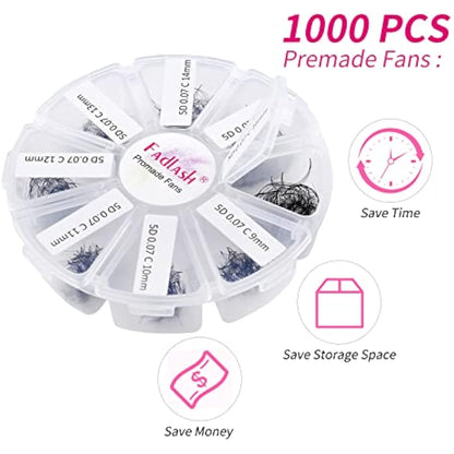 Premade Volume Eyelash Extensions 5D 0.07 C Curl 1000pcs Russian Lashes 9-16mm Mixed Tray Pre-Made Russian Lashes Handmade Promade Loose Fans