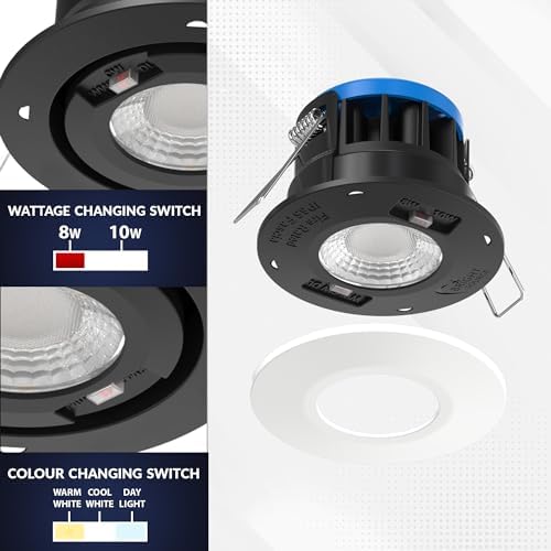 Bright Source All in One Switchable Wattage 8w/10w LED Downlight - 4 Colour Temperatures - 2700K 3000K 4000K 6000K - 3 Bezels IP65 Warm White Cool White Daylight White Spotlight - Pack of 6