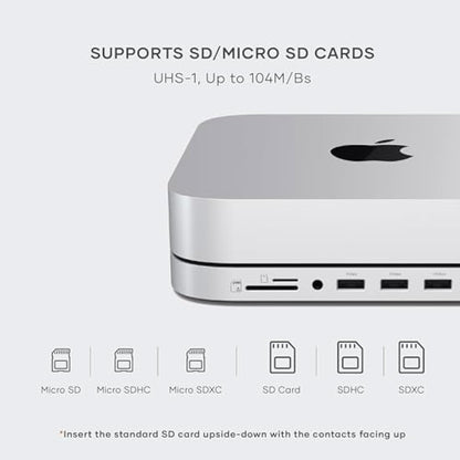 SATECHI Mac Mini Hub & Stand with SSD Enclosure for NVME/SATA M.2, Mac Mini Dock with USB-C 10Gbps, 3 USB-A 5/10Gbps, 2.0 Audio Jack, for Mac Studio, Mac Mini M2/M1 (Not Compatible with M4) – Silver
