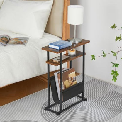 ZEXVIDA Slim Side Table for Small Spaces - 2 in 1 End Table with Magazine Holder - Rustic Brown