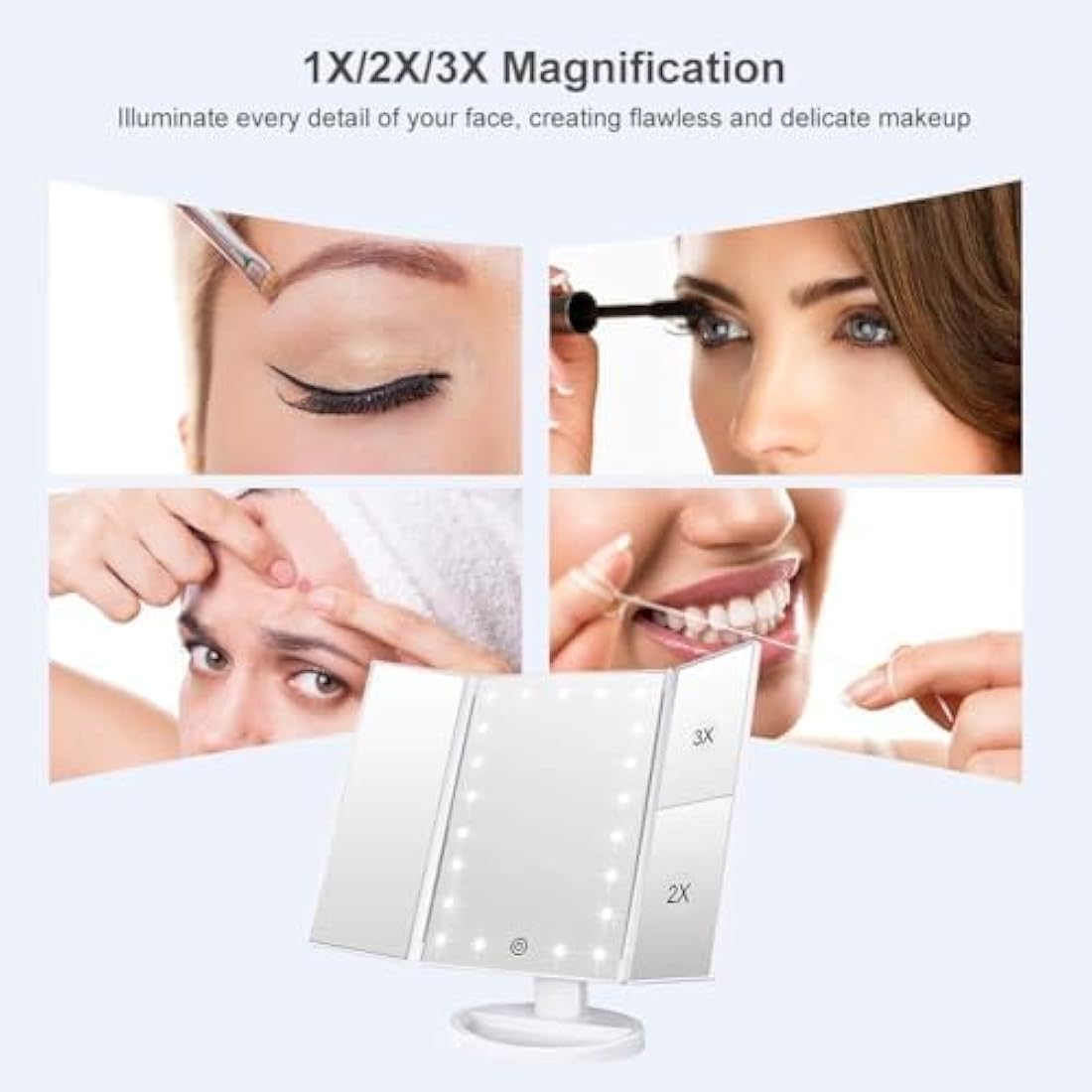 WEILY Tri-fold Vanity Mirror, 21 LEDs and 2X/3X Magnification, Touch Switch for Adjusting Brightness, Dual Power Supply mode Makeup Mirror (White)