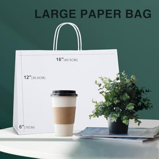 Switory Large Paper Bags for Gifts, White Kraft Gift Bag 16x6x12 Inch, 25 Pcs Party Bags with Handles for Party Favor, Thanksgiving,Birthday,Christian, Christmas.