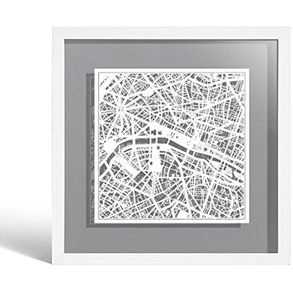 O3 DESIGN STUDIO Paris Paper Cut Map framed, White map, White frame, 9x9 inches, Gift Boxed, 4 background color, self-changing, Paper Art