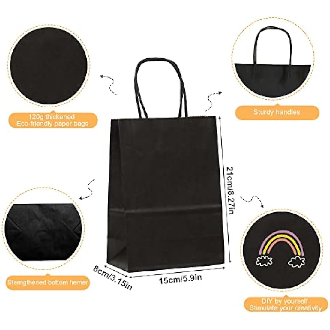 GIFTSAY 50 Pcs Black Kraft Paper Bags 15X8X21cm, 120 gsm Black Paper Gift Bags with Handles, Black Paper Shopping Bags for Retail, Shopping, Business, Gift Packaging