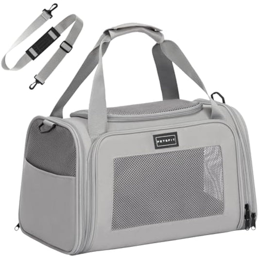 PETSFIT Pet Carrier for Cat with Extendable Fleece Pet Mat, Pet Carrier Airline Approved with Safety Leash for Pets Up to 12 Lbs (44 * 26.5 * 27CM, Grey)