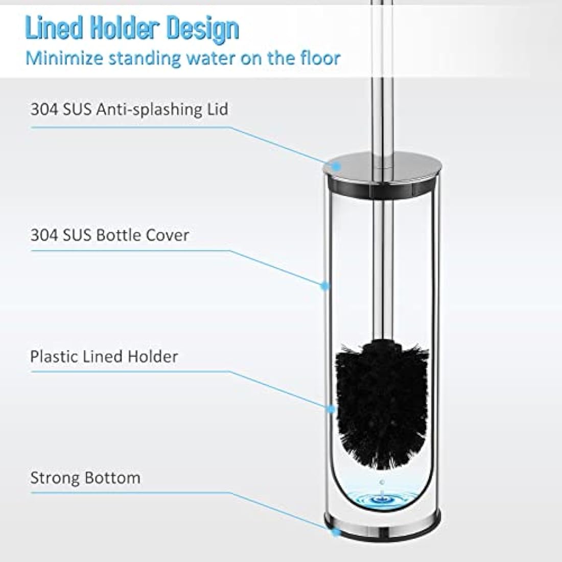 BGL 304 Stainless Steel Toilet Brush Long Bucket Stand Round Toilet Brush with Holder Chrome
