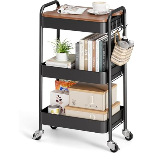 KINGRACK 3 Tier Metal Storage Trolley on Wheels with Removeable Wooden Worktop Trap Table Cover, Beauty Book Craft Tea Art Trolley for Home Bathroom Kitchen Laundry, No screws needed Easy