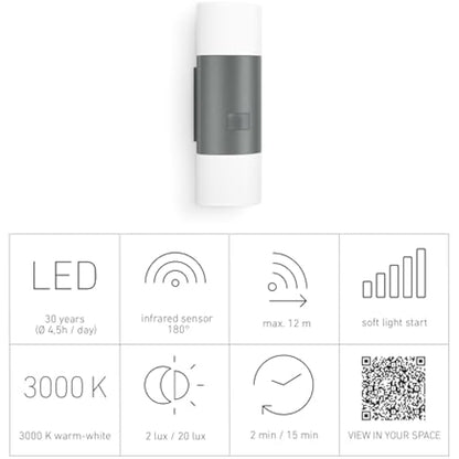 Steinel Outdoor Wall Light L 910 S Anthracite, 9.8 Watts 797 lm, Up Down Motion Sensor Light with 180° Motion Detector, 12 m Range, Continuous Soft Light