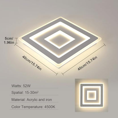 Comely Modern Square LED Ceiling Light, 52W 5850LM Acrylic LED Ceiling Lamp, White Chandelier for Bedroom, Living Room Natural Light 4500K, 40cm
