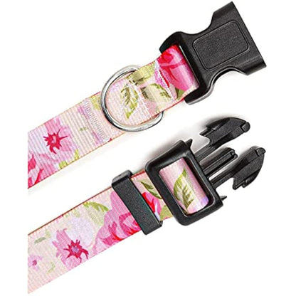 Mihqy Dog Collar and Lead Set with Bohemia Floral Tribal Geometric Patterns - Soft Ethnic Style Collar Adjustable for Small Medium Large Dogs(Pink Rose Set,L)