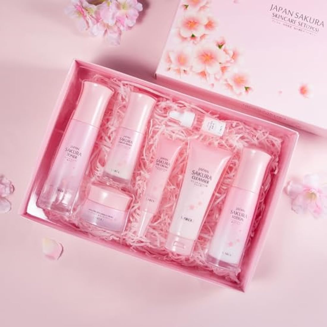 LAIKOU Japan Sakura Skincare Set, Luxury Facial Kit for Women Teenage Girls, Moisturizing & Anti Aging Skincare Gift Set - Cleanser, Toner, Lotion, Serum, Eye Cream, Face Cream, Makeup Primer, 7pcs