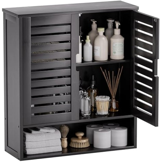 SMIBUY Bathroom Cabinet Wall Mounted, Bamboo Over-The-Toilet Storage Organizer, Space Saver Medicine Cabinet with 2 Door and Adjustable Shelves (Black)
