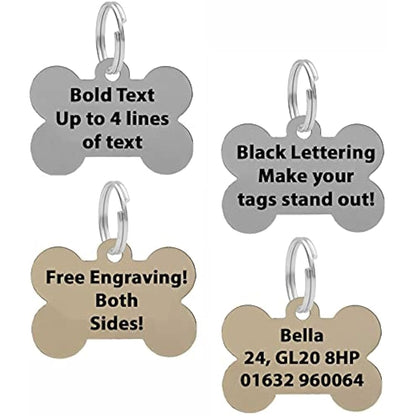 Personalised Engraved Dog Bone Bold & Black Lettering ID Tag in Silver Or Brass 38mm (Silver/Nickel)