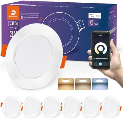 DUSKTEC LED Downlights Ceiling for Alexa, 7W 3in Bluetooth LED Spot Lights, APP & Voice Control Smart Spotlights, Warm White to Daylight Dimmable Recessed Ceiling Lights for Bedroom Kitchen, 6 Pack