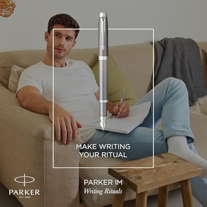 PARKER IM Writing Rituals Fountain Pen, Grey Finish with Gradient, Chrome Trims, Fine Nib, Blue Ink, Gift Box