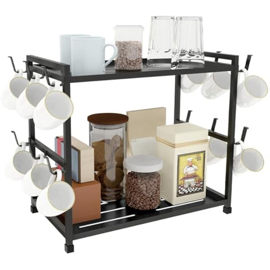 Bethom Coffee Cup Holder Kitchen 12 Hooks Kitchen Storage Rack 2 Tier Coffee Station Organizer Metal Mug Stand Mug Holders for Kitchen Tea Coffee Bar, Black