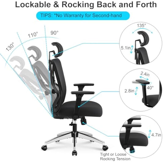 Ticova Ergonomic Office Chair - High Back Desk Chair with Adjustable Lumbar Support, Headrest & 3D Armrest - 130°Rocking Mesh Computer Chair