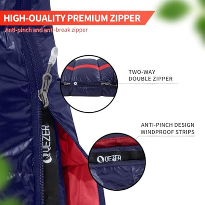 QEZER Down Sleeping Bag,Lightweight Rectangular Winter Sleeping Bag [1180g/1860g] for Adults and Kids 4 Season Camping, Hiking,Warehouse and Moutaineering Outdoor