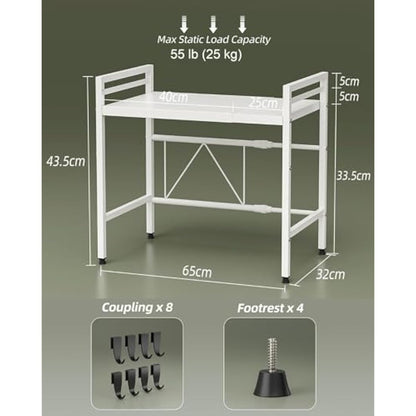 NETEL Expandable Microwave Shelf,2 Tier Microwave Stand with 8 Hooks,air fryer shelf stand,Microwave Oven Rack, Desktop Printer Shelf Rack, Bakers Rack,Kitchen Countertop Organiser Shelves,white