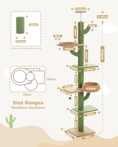 PAWZ Road Cactus Cat Tree Floor to Ceiling 5 spacious Platforms, Cat Tower 1 Hammock and Dangling Balls for Indoor Cats Adjustable Height(205-255cm)