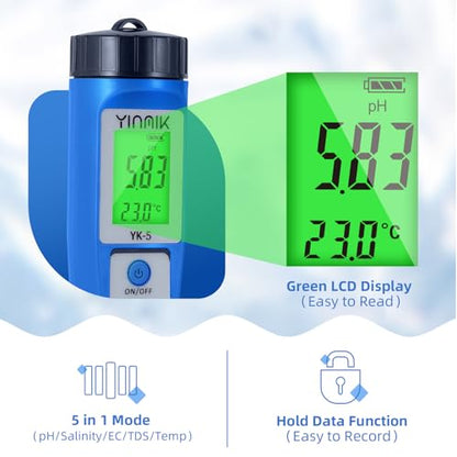 Digital pH Salt Tester, YINMIK Salinity Meter for Pool, 5 in 1 TDS EC Temp Meter for Hydroponics, Salt ppm Test pen with ATC & Backlight, Accurate device for Koi pond, Aquarium, SPA, Hot Tub, Softener